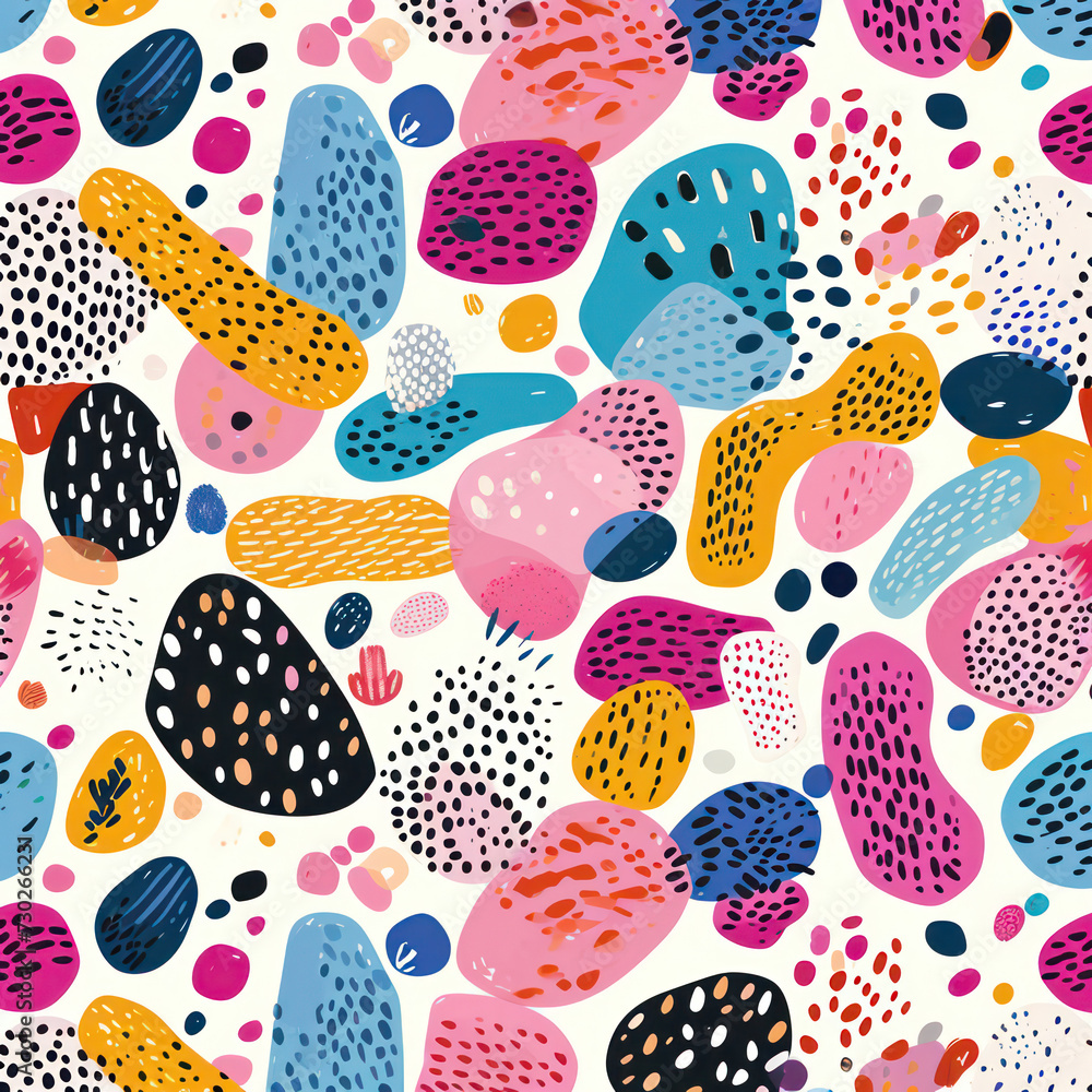 Poster seamless abstract pattern: a colorful retro geometric line design on white background with animal pr