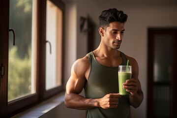 Healthy athletic man drinking green smoothie post workout at home