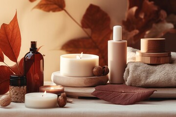 Fototapeta na wymiar Natural skincare mockup with fall leaves, organic products, and wooden accessories
