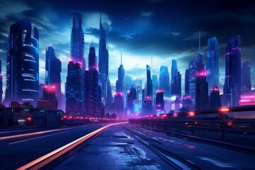 Fototapeta na wymiar Neon lit streets of a futuristic cityscape at the peak of technological advancement