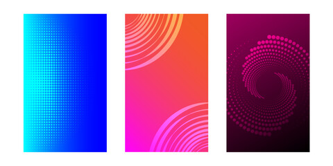 Set of abstract backgrounds with halftone and spiral pattern. Collection of gradient textures with geometric ornament. Design template of flyer, banner, cover, poster. Vector eps10
