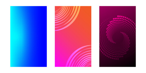Fototapeta premium Set of abstract backgrounds with halftone and spiral pattern. Collection of gradient textures with geometric ornament. Design template of flyer, banner, cover, poster. Vector eps10
