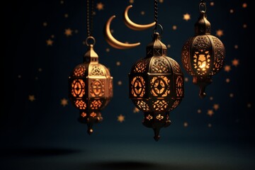 Ornamental lanterns and crescent moon symbolizing Mawlid celebration