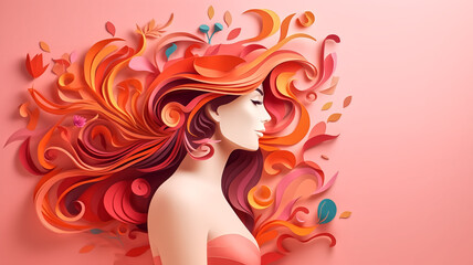 Beautiful girl with long hair. 3d illustration. Paper cut style.