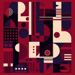 A Maroon poster featuring various abstract design elements, in the style of pop art 