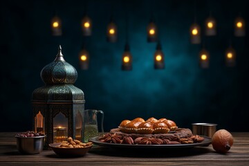 Fototapeta na wymiar Ramadan iftar meal with copy space design