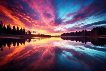 Poster Reflections of a vibrant sunrise on the surface of a calm lake © KerXing