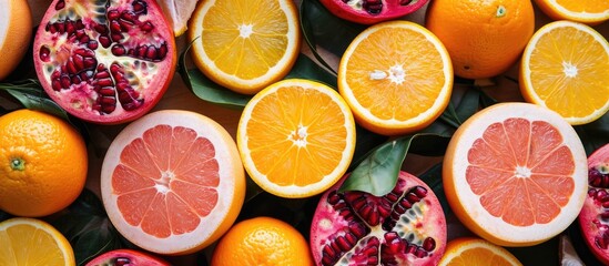 Assorted citrus fruits, including orange, grapefruit, and pomegranate. - Powered by Adobe