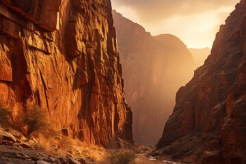 Rugged canyon walls glowing under the warm light of sunset - obrazy, fototapety, plakaty
