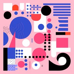 A Pink poster featuring various abstract design elements, in the style of pop art