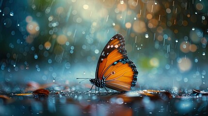 Fototapeta na wymiar Butterfly on wet floor with raindrops and bokeh background, ai generative