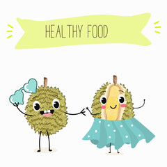 Cute  cartoon durian characters with different activities. Flat vector illustration, funny fruits. Organic food.