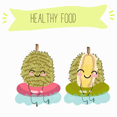 Cute  cartoon durian characters with different activities. Flat vector illustration, funny fruits. Organic food.
