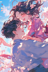 Happy boy and girl in love, surrounded by Hanami / cherry blossom, anime style -Generative AI