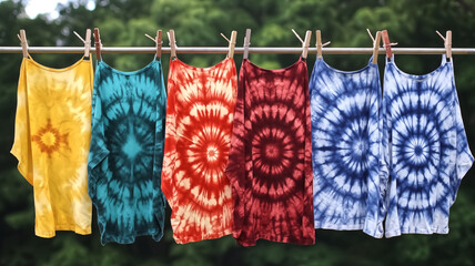 Colorful Tie-Dye T-Shirts Hanging Outdoors
