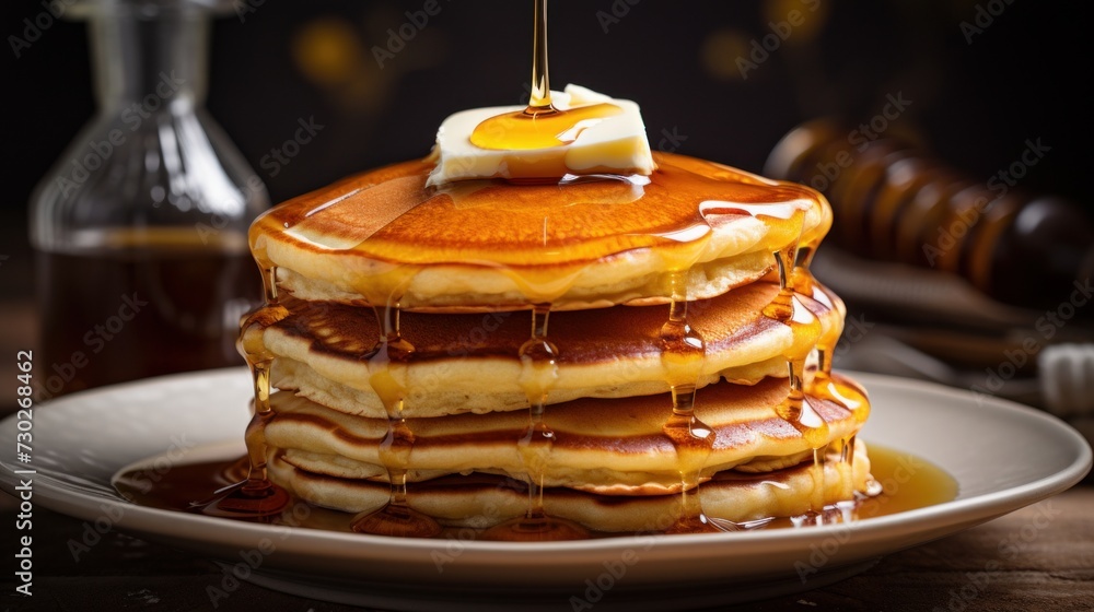 Poster stack of fluffy and greasy pancakes dripping with melted butter and maple syrup