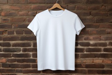 White t-shirt hanging on a textured brick wall
