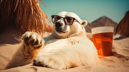 Anthropomorphic polar bear wearing sunglasses relaxes on a sandy beach with a cocktail. The bright daylight and tropical setting convey an atmosphere of relaxation and summer mood. Travel and Vacation