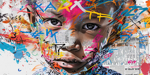 Colorful Paint Splatters on a Childs Face Painting. child abuse concept