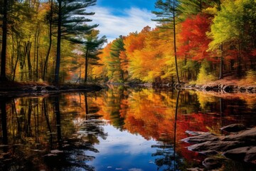 Obraz premium Tranquil forest pond reflecting a canopy of vibrant fall colors