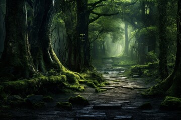 Serene forest path surrounded by vibrant greenery