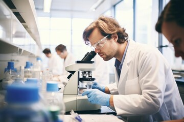 Male scientist working on study in laboratory for medical research analysis. Advanced scientific biotechnology laboratory