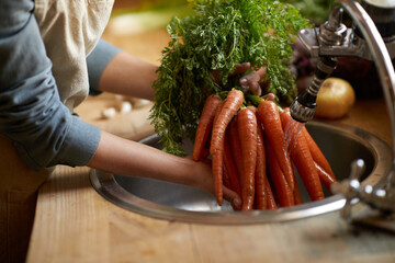 Person, carrots and washing in sink as vegetable nutrition for wellness ingredient for healthy,...