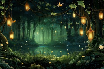 Whimsical and enchanting wallpaper background with floating fireflies in a magical forest