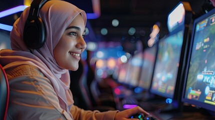 young muslim girl playing video games in a cyber sports club generative ai - obrazy, fototapety, plakaty