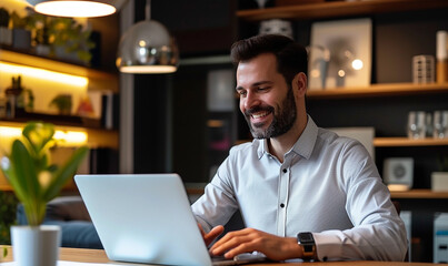 Businessman happily sits in a face-to-face online meeting via an online program on a laptop in his home office.
