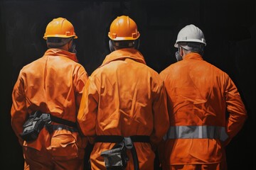 Workers in safety gear back view - obrazy, fototapety, plakaty