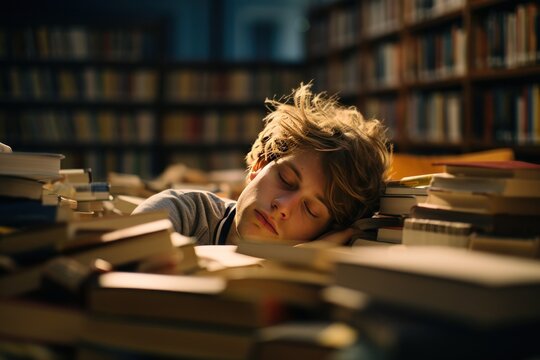 Tired student fall asleep on a pile of books in a library