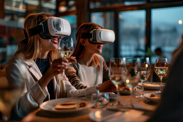 Women wearing VR headset in restaurant. Immersive entertainment, augmented reality technology concept. Ladies having dinner at a restaurant drinking wine in VR glasses - obrazy, fototapety, plakaty