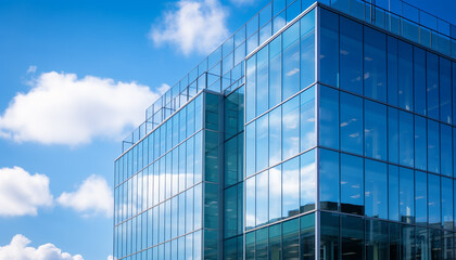 Fototapeta na wymiar Modern skyscraper with blue glass facade reflects futuristic cityscape generated by AI