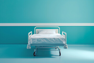 Empty hospital bed in modern hospital room. Minimalist hospital room. Clean and empty room in pastel blue colors with a bed in the new medical center. Copy space for text.
