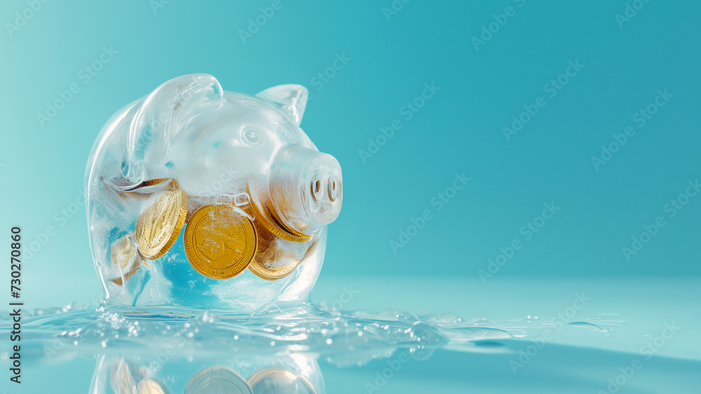 Wall mural piggy bank as a frozen ice cube. frozen savings, funds and assets, unavailable money. the concept of