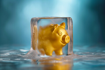 Piggy bank frozen in ice cube. Frozen savings, funds and assets, unavailable money. The concept of bankruptcy and capital freezing, capital outflow restrictions, deposit risk, sanctions. - obrazy, fototapety, plakaty