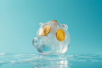 Piggy bank as a frozen ice cube. Frozen savings, funds and assets, unavailable money. The concept of bankruptcy and capital freezing, capital outflow restrictions, deposit risk, sanctions. - obrazy, fototapety, plakaty