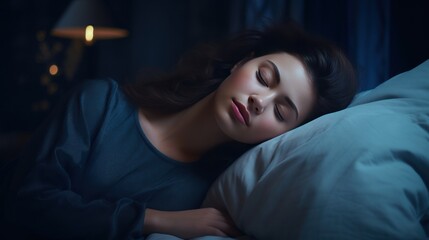 Woman asleep in bed with her head resting on a pillow, the room is dimly lit with soft blue tones