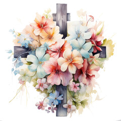 An enchanting watercolor cross decorated with vibrant spring blossoms