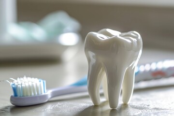 Fototapeta na wymiar Professional Dental Setup: Tooth Model and Brush in Sharp Detail