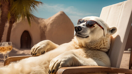 Anthropomorphic polar bear wearing goggles relaxing on a beach chair. blurred tropical background. summer day with beautiful beach and umbrellas in the distance. Beach vacation and resort