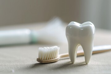 Fototapeta na wymiar Professional Dental Setup: Tooth Model and Brush in Sharp Detail
