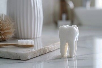 Fototapeta na wymiar Macro Dentistry: Detailed Tooth Model and Brush on Clean Surface