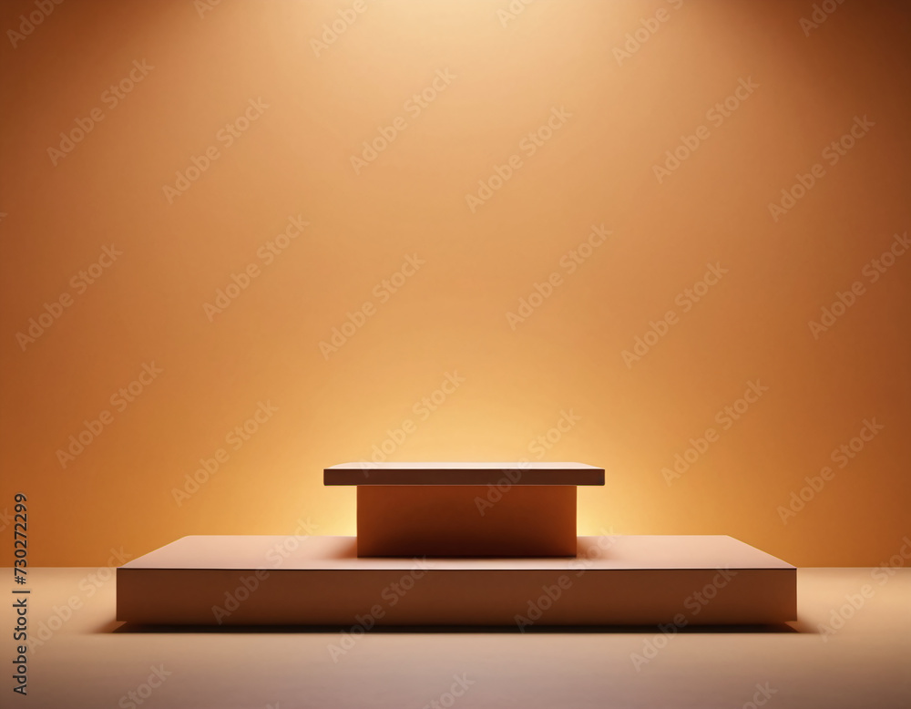 Poster minimalistic display podium set against a warm, orange background with soft lighting, ideal for prod
