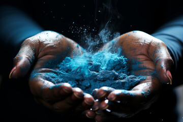 A person holding blue bluish powder