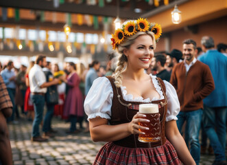A woman celebrating Oktoberfest, set against a party background to highlight the action. She is wearing a traditional dirndl. Captures the joy and energy of the festival.