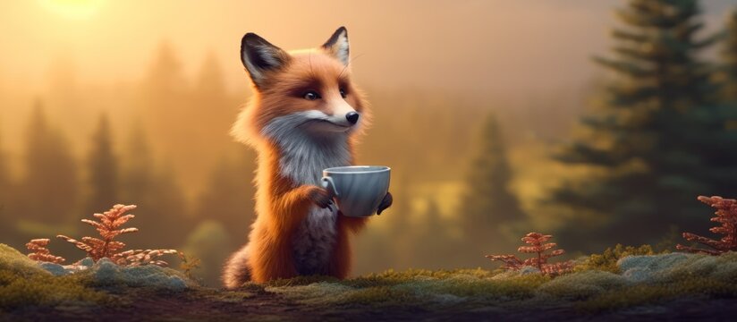 Red fox with a cup of coffee outdoors background