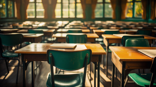 wooden empty desks and chairs in a classroom with windows