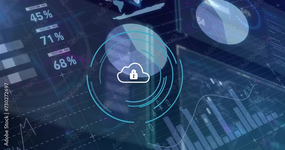 Poster animation of padlock and cloud icon and computer data processing over dark background